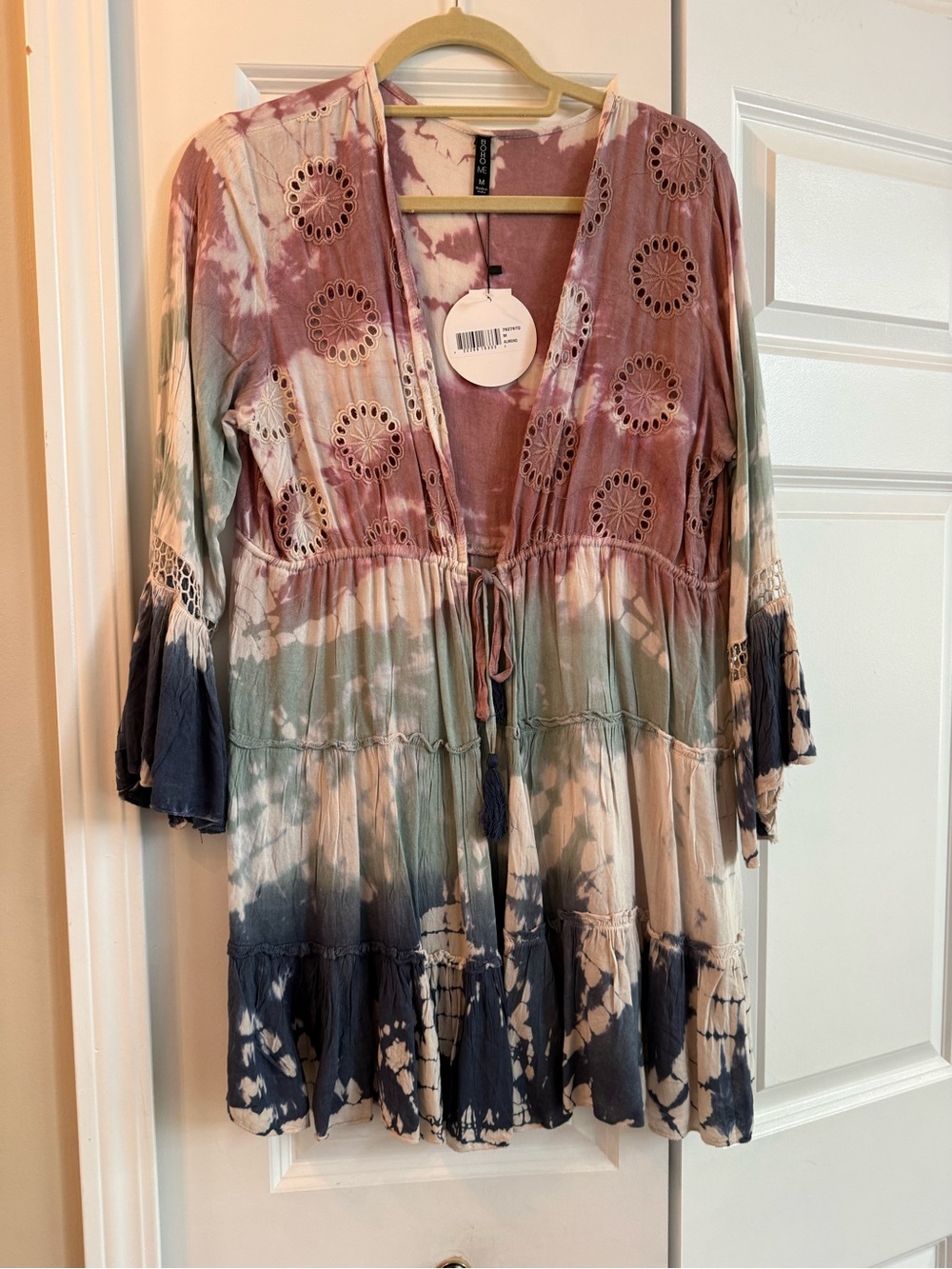 Open-Front Tie-Dye Tunic with Eyelet Detail - Mauve, Sage & Navy